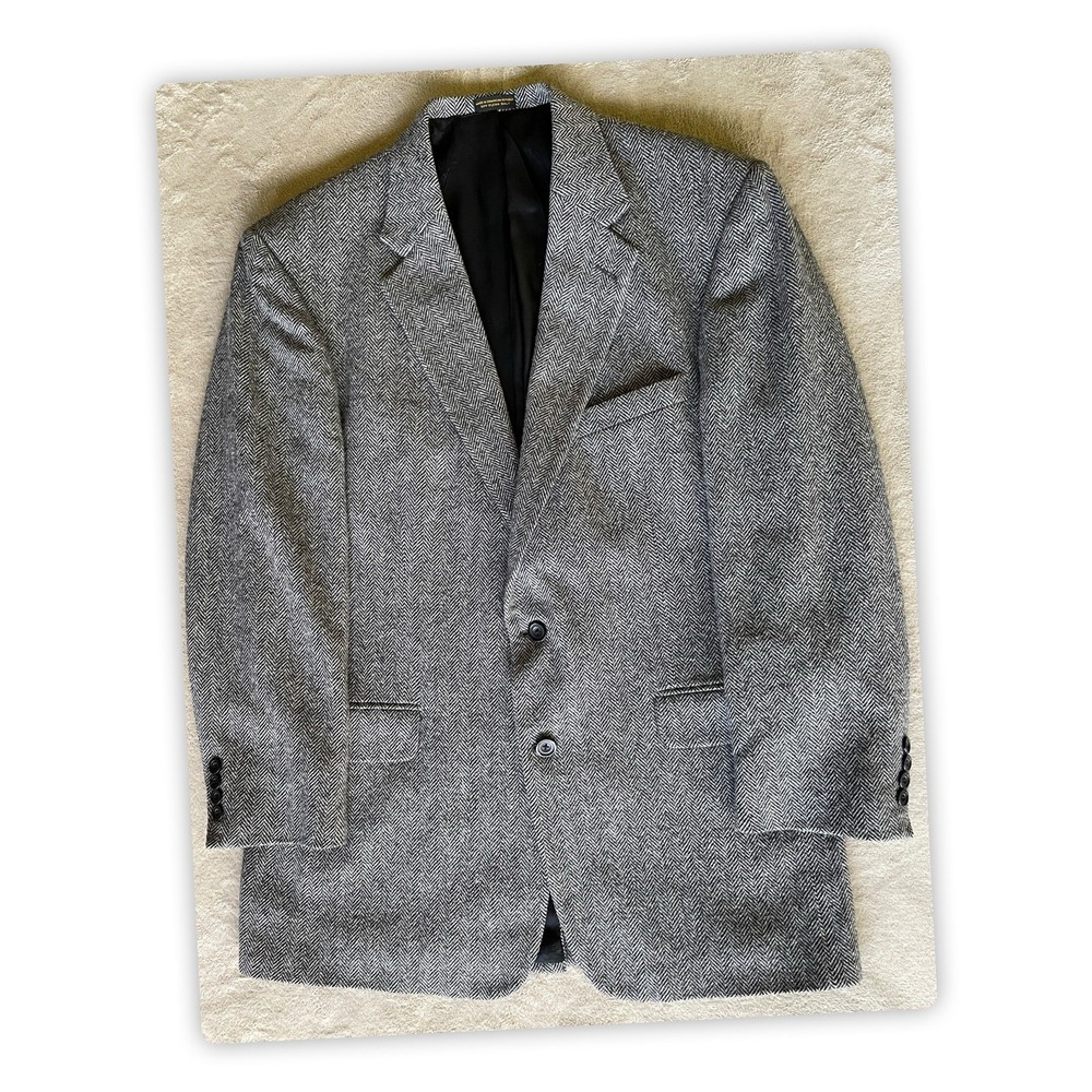 Mens 44L Gray Herringbone Lambswool Merino Wool Mens Blazer Sport Jacket Coat
